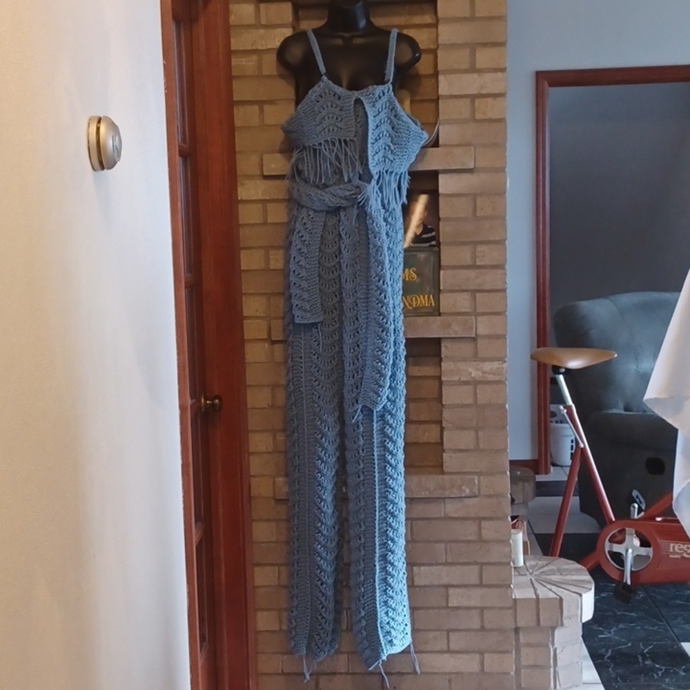 vintage hand-crocheted jumpsuit, blue, one of a kind, sz medium, handmade